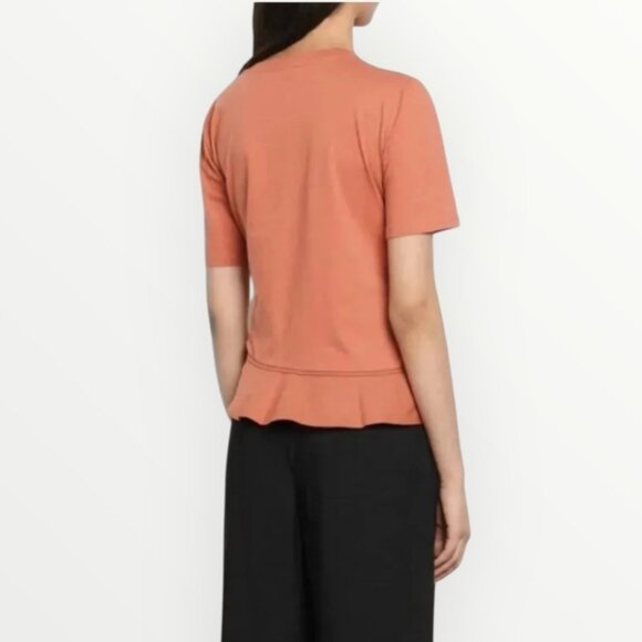Sandro Paris Node Bow Detail Asymmetric Ruffled Hem T-Shirt in Terracotta Size S - Picture 2 of 9
